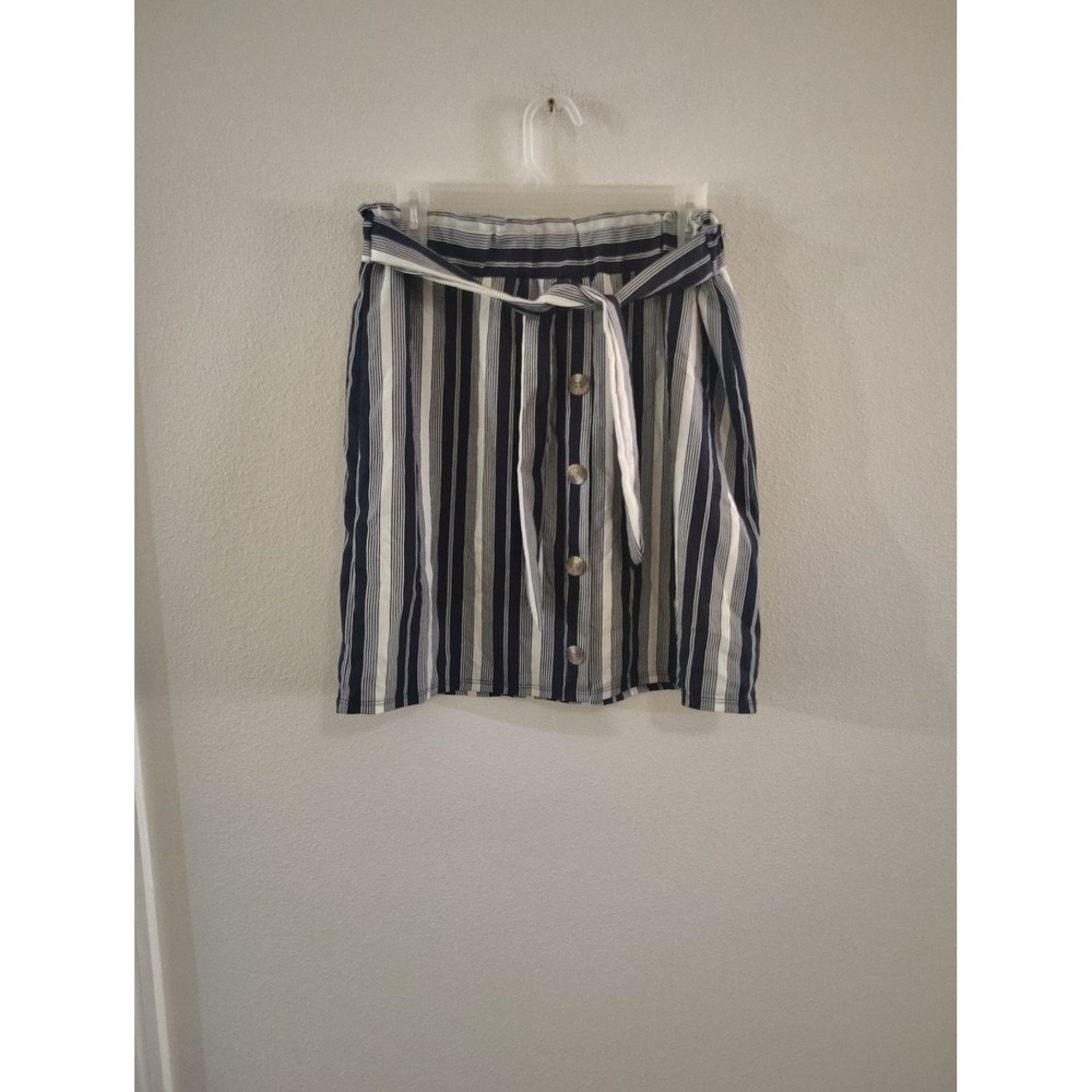 No Comment‎ NY-LA Navy White Striped Paperbag Waist Button Front Mini Skirt XL